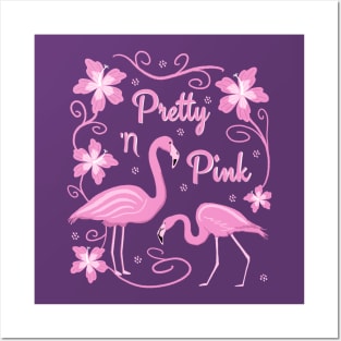 Pink Flamingos with Tropical Flower Decorations Posters and Art